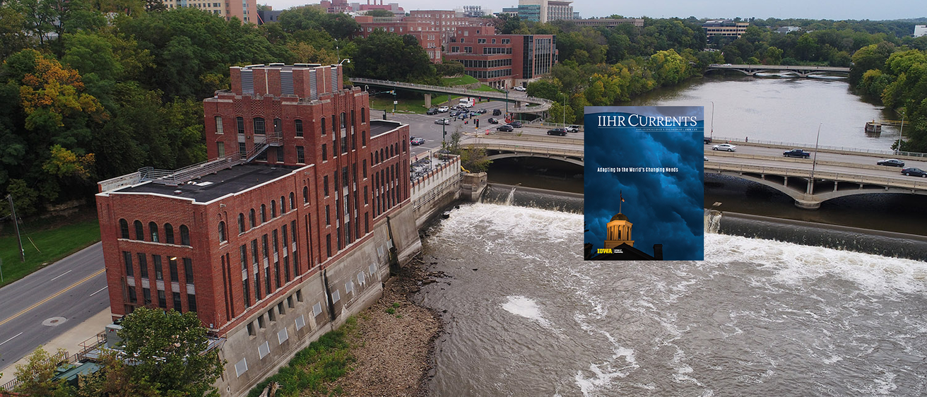 Aerial photo of Stanley Hydraulics Lab and the Iowa River with the cover of IIHR Currents