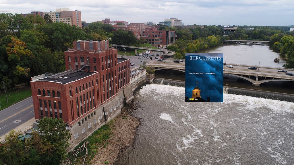 Aerial photo of Stanley Hydraulics Lab and the Iowa River with the cover of IIHR Currents