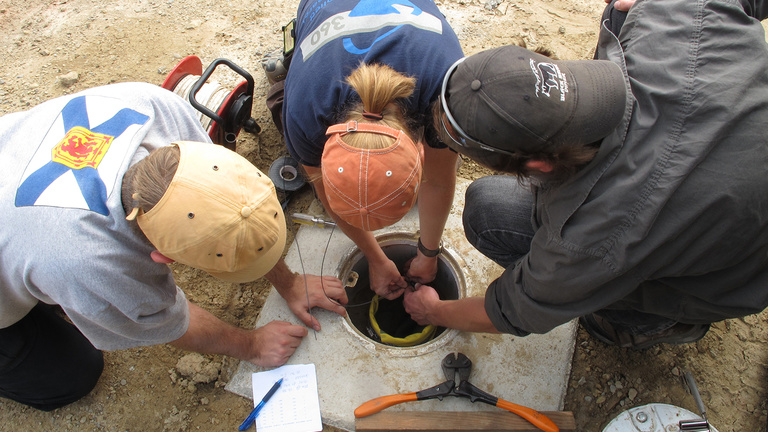 Three people look down into a hole in the ground